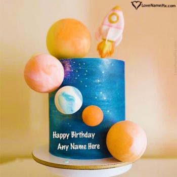 Amazing Spaceship With Planets Birthday Cake Wishes With Name