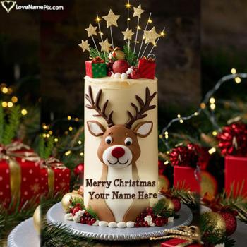 Adorable Reindeer Merry Christmas Cake Images With Name