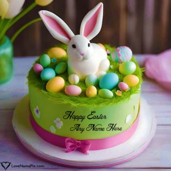 Awesome Happy Easter Bunny Cake Greeting Pic With Name