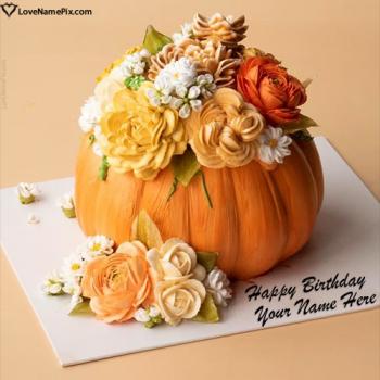 Beautiful Pumpkin Floral Birthday Cake Image With Name