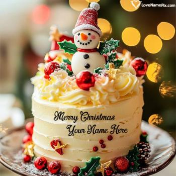 Cute Merry Christmas Snowman Image Cake Design With Name