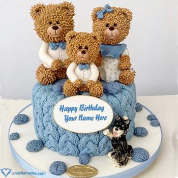 Cute Teddy Bear Family Birthday Wishes Cake With Name