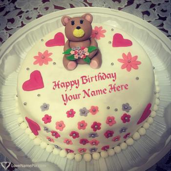 Cute Teddy Bear Happy Birthday Cake For Girls With Name