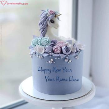 Cute Unicorn Purple Happy New Year Cake Design 2026 With Name