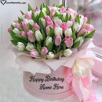 Elegant Pink Tulips Flowers Birthday Image For Girls With Name