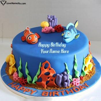 Fishes Under The Sea Kids Birthday Cake With Name