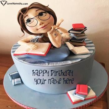 Girl With Books Student Birthday Cake With Name