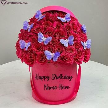 Happy Birthday Wishes Red Flower And Butterflies Image With Name