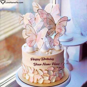 Lovely Pink Butterfly Happy BIrthday Wishes Cake For Girls With Name