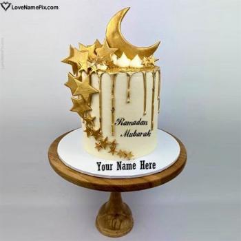 Online Happy Ramadan Mubarak Cake With Golden Stars With Name