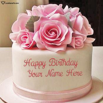 Pink Roses Big Happy Birthday Cake Free Download With Name
