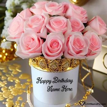 Pretty Pink Roses Happy Birthday Flowers For Her With Name