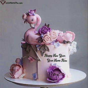 Purple Roses Flamingo-Themed New Year Cake For Girl With Name