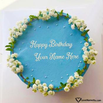 Simple Blue Floral Birthday Cake Design With Name