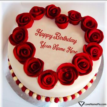 Stylish Red Roses Heart Happy Birthday Cake With Name