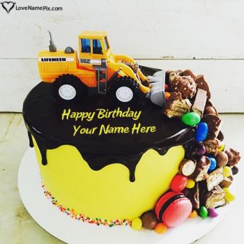 Tractor Of Chocolate On Birthday Wishes Cake With Name