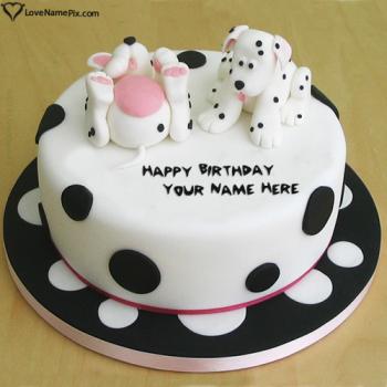White Spotty Dogs Cute Birthday Cake With Name