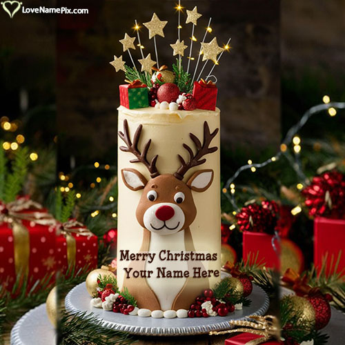 Adorable Reindeer Merry Christmas Cake Images With Name