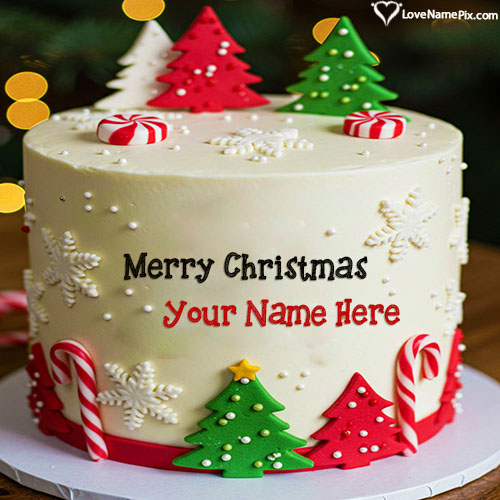 Awesome Trees and Toffees Decorated Merry Christmas Wishes Cake With Name