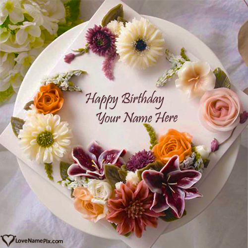 Beautiful Flowers Birthday Wishes Cake Image With Name