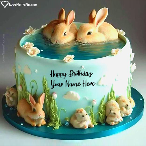 Cute Bunny Rabbit Happy Birthday Wishes Cake With Name