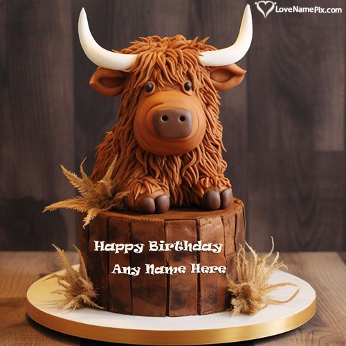Cute Little Long Horned Bull On Wood Happy Birthday Cake With Name