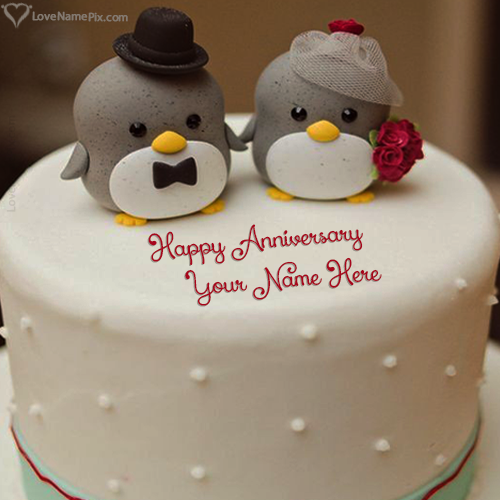 Cute Little Penguin Couple Wedding Anniversary Cake With Name