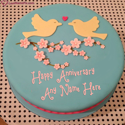 Cute Love Birds Anniversary Cake With Name