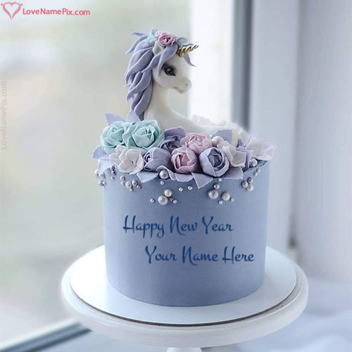 Cute Unicorn Purple Happy New Year Cake Design With Name