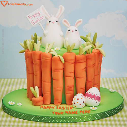 Cute White Bunny On Carrot Easter Wish Cake With Name