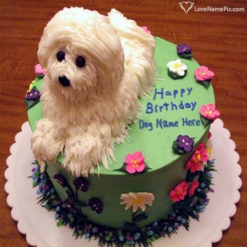 Cute White Dog Birthday Cake With Name