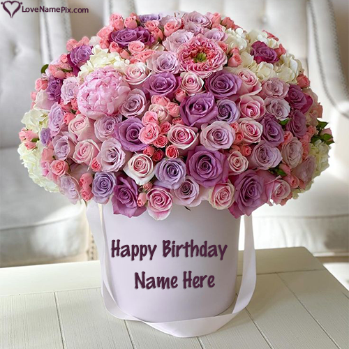 Elegant Purple Happy Birthday Flower Bouquet With Name