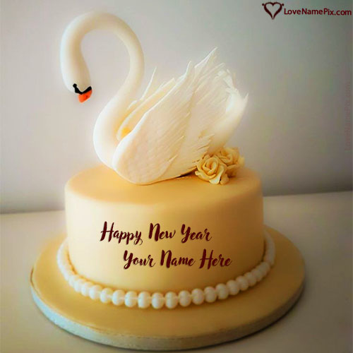 Elegant Swan Happy New Year Cake With Name