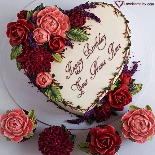 Flowers Heart Birthday Cake Images Free Download With Name