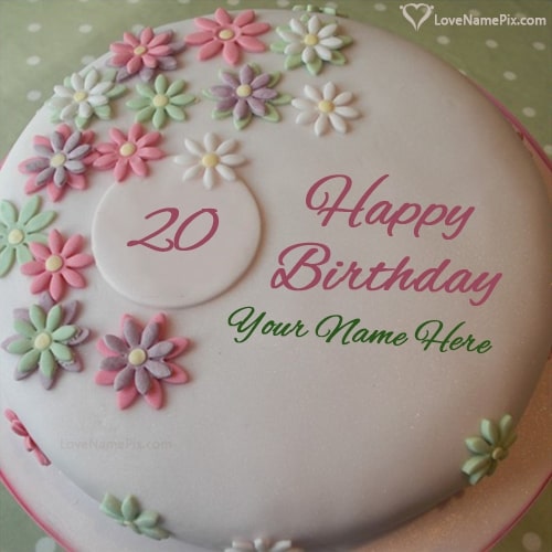 Flowers White Cream 20th Birthday Cake With Name
