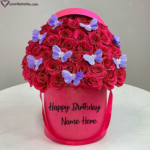 Happy Birthday Wishes Red Flower And Butterflies Image With Name