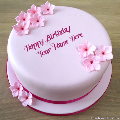 Pink Girls Birthday Cake With Flowers With Name