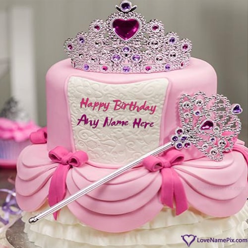 Pretty Girl Crown Princess Birthday Cake With Name