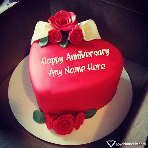 Red Heart Romantic Anniversary Cake With Name