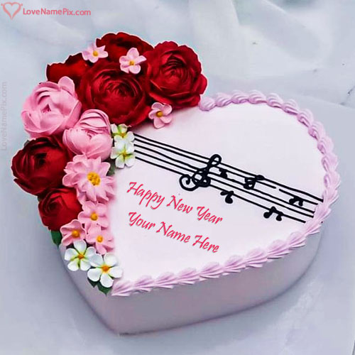 Romantic Heart Shape Roses New Year Cake For Girlfriend With Name