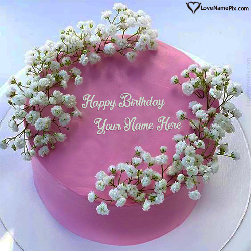 Simple Baby Breath Flower Pink Birthday Cake Design For Girls With Name