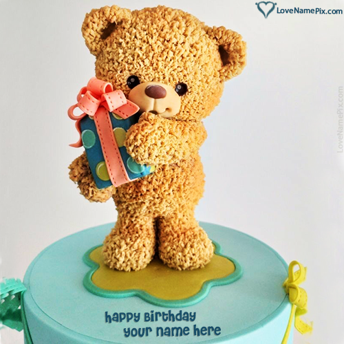 Teddy Bear With Gift Birthday Cake With Name