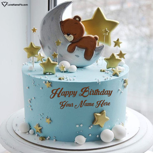 Teddy Sleeping In Moon Stars Cute Birthday Cake With Name