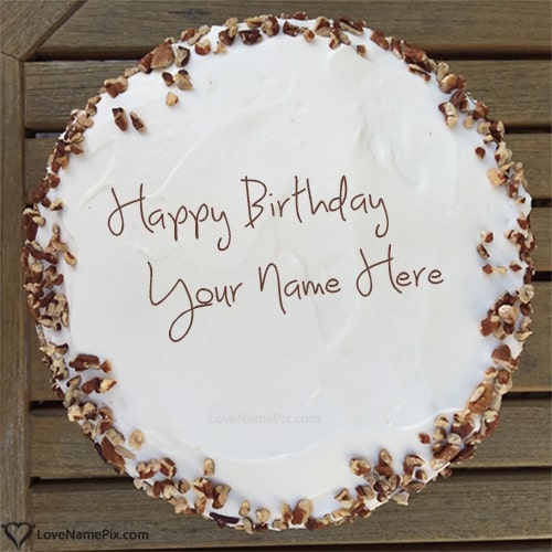 Walnuts Decorated Cream Birthday Cake With Name